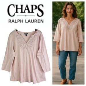 Chaps Ralph Lauren Top Tunic Shirt Sz 2X XXL 18 20 Blush Pink V-Neck Flowy Boho